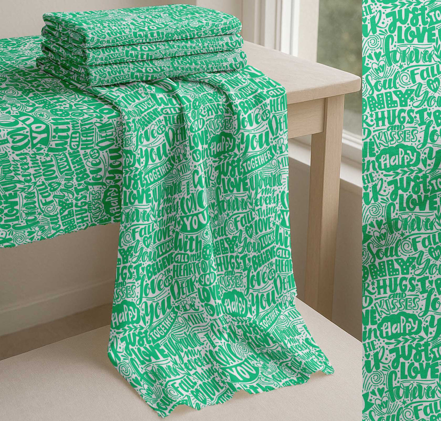 Soimoi Green Cotton Fabric Just Love Forever Text Fabric Prints By metre