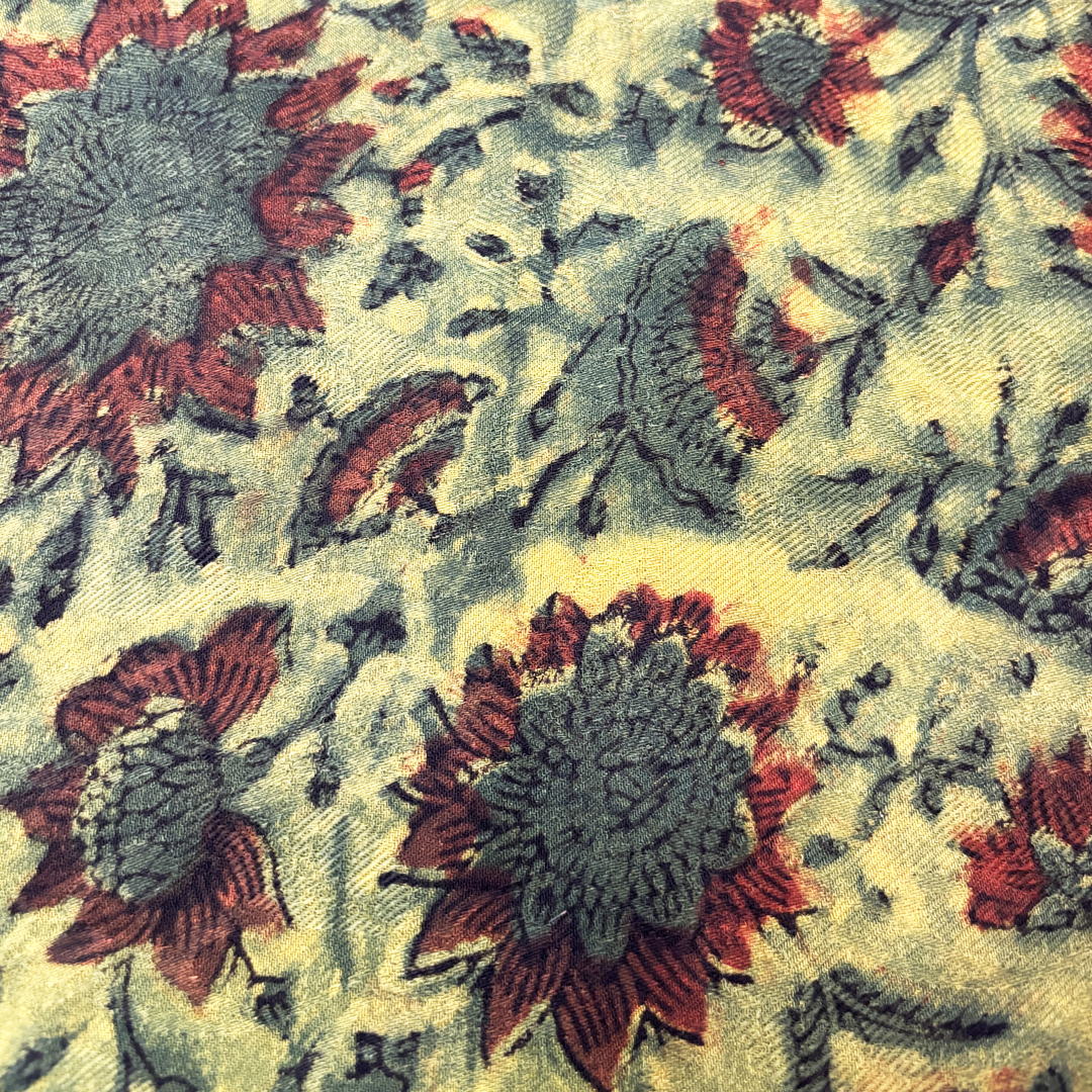 Vegan Pashmina Silk Feel Fabric with Handblocked Prints | Natural Fruit-Dyed Handblock Fabric for Sewing, Crafts & DIY - Light Green