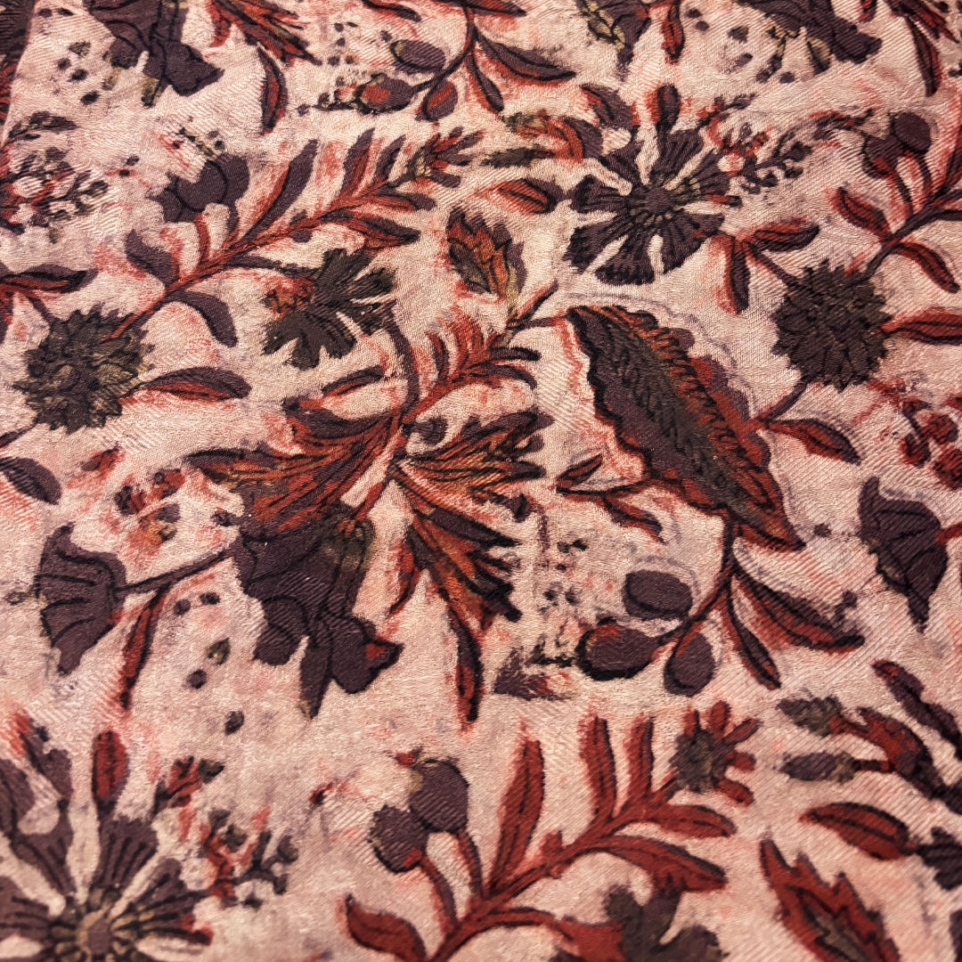 Vegan Pashmina Silk Feel Fabric with Handblocked Prints | Natural Fruit-Dyed Handblock Fabric for Sewing, Crafts & DIY - Red Flowers