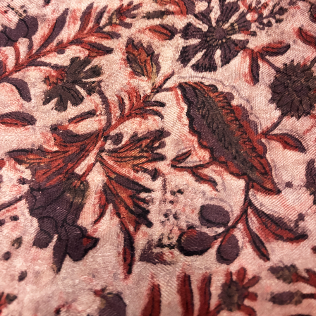 Vegan Pashmina Silk Feel Fabric with Handblocked Prints | Natural Fruit-Dyed Handblock Fabric for Sewing, Crafts & DIY - Red Flowers