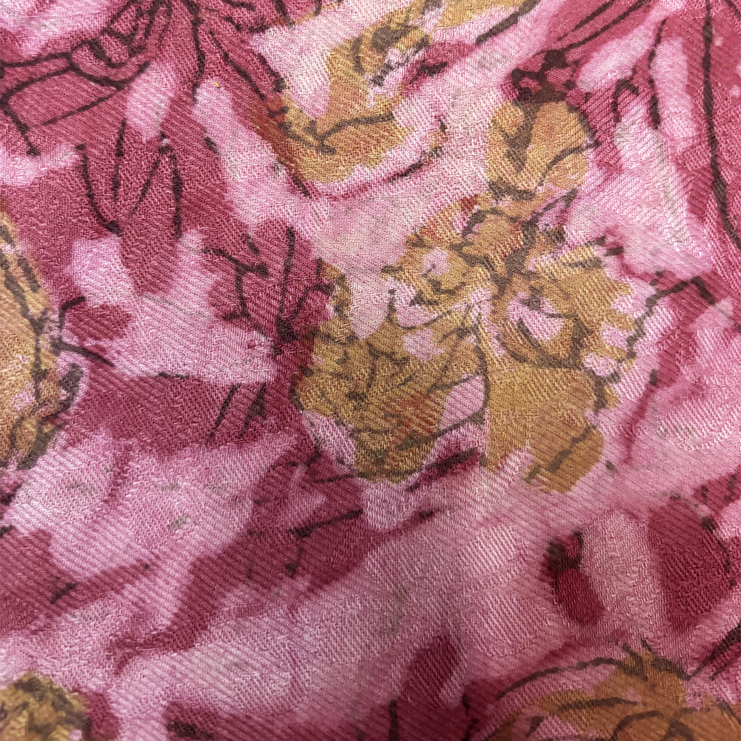 Vegan Pashmina Silk Feel Fabric with Handblocked Prints | Natural Fruit-Dyed Handblock Fabric for Sewing, Crafts & DIY - Pink Flowers