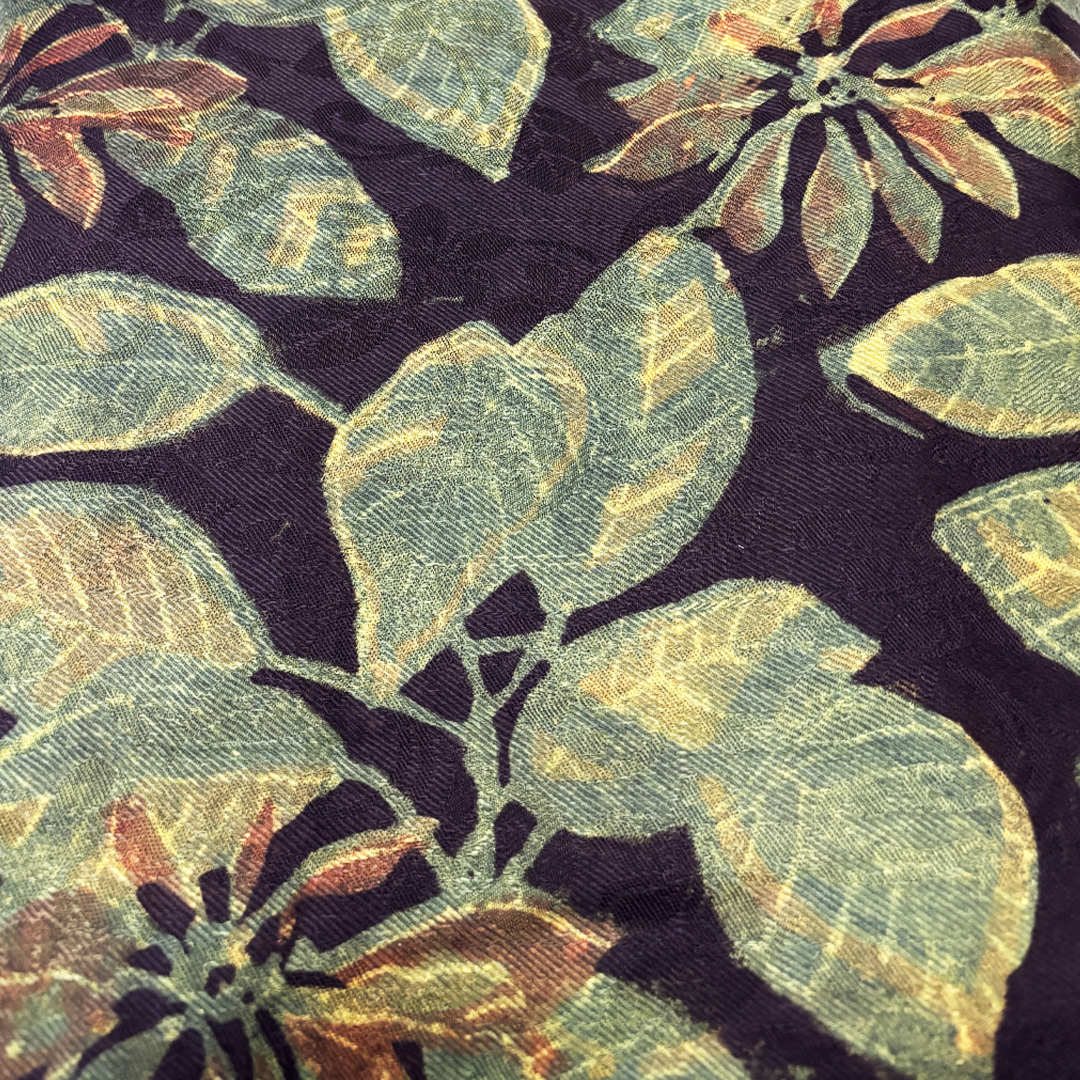 Vegan Pashmina Silk Feel Fabric with Handblocked Prints | Natural Fruit-Dyed Handblock Fabric for Sewing, Crafts & DIY - Green Leaves