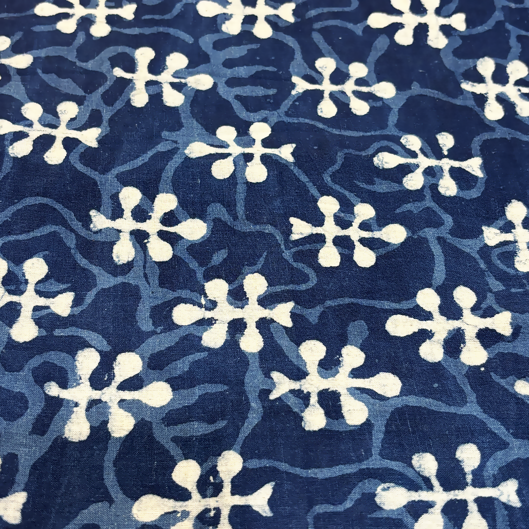 Dabu Indigo Handblock Cotton Print - Flower Pattern Print