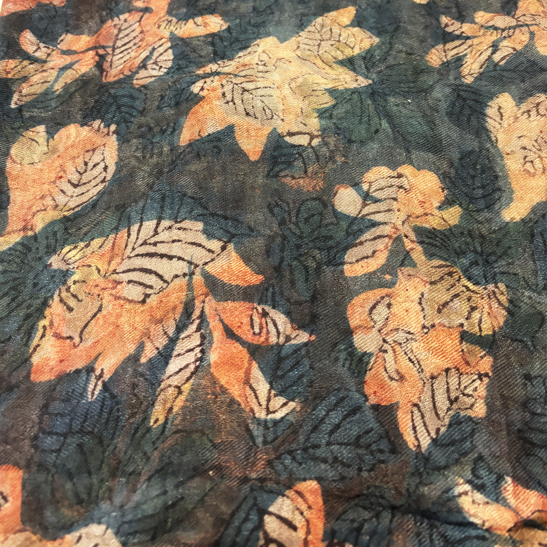 Vegan Pashmina Silk Feel Fabric with Handblocked Prints | Natural Fruit-Dyed Handblock Fabric for Sewing, Crafts & DIY - Autumn Leaves