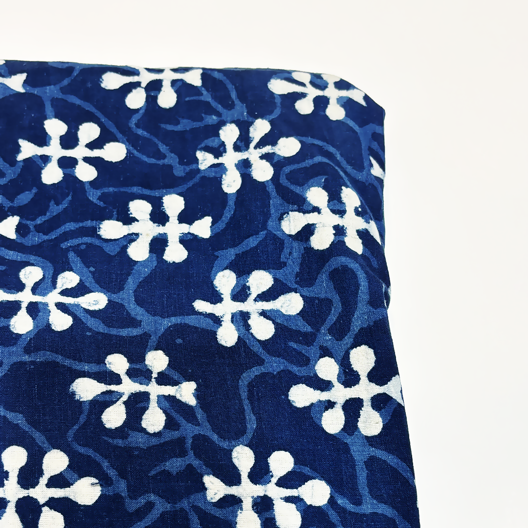 Dabu Indigo Handblock Cotton Print - Flower Pattern Print
