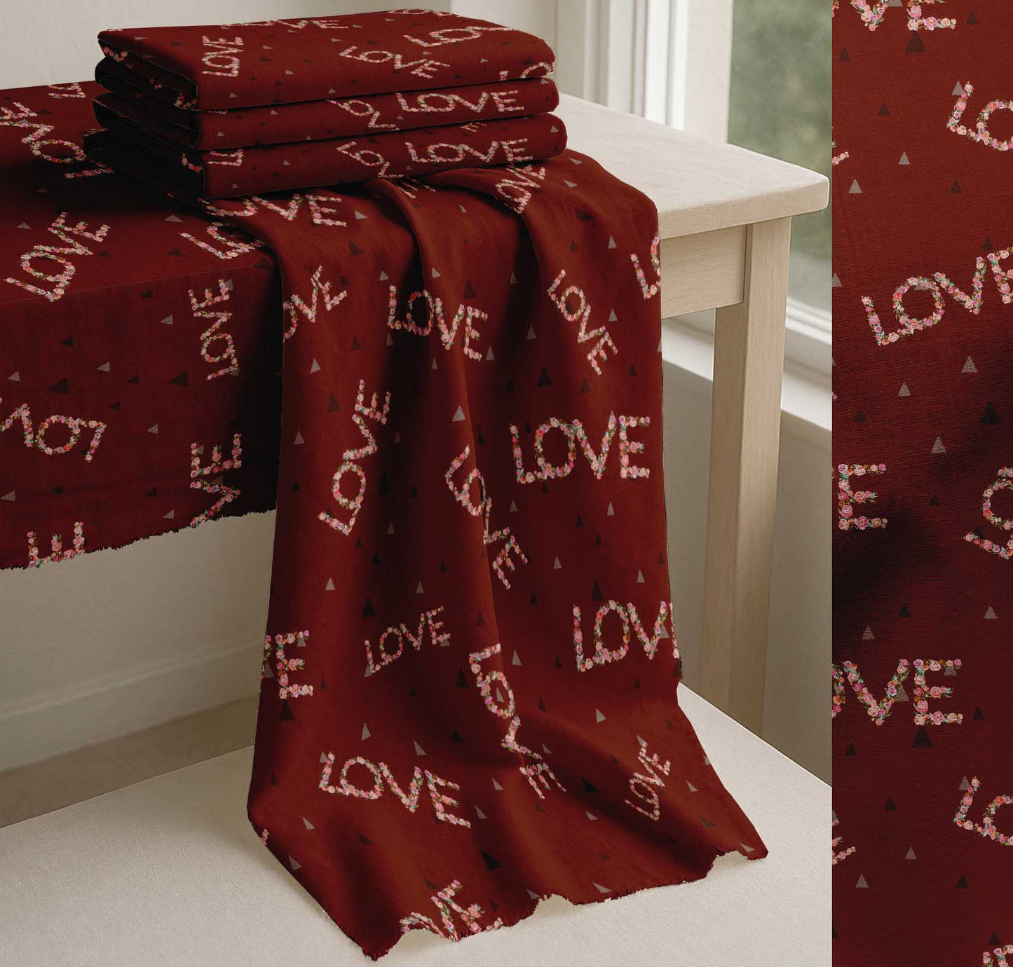 Soimoi Red Cotton Fabric Triangle & Floral Love Text Printed Craft Fabric by the yard