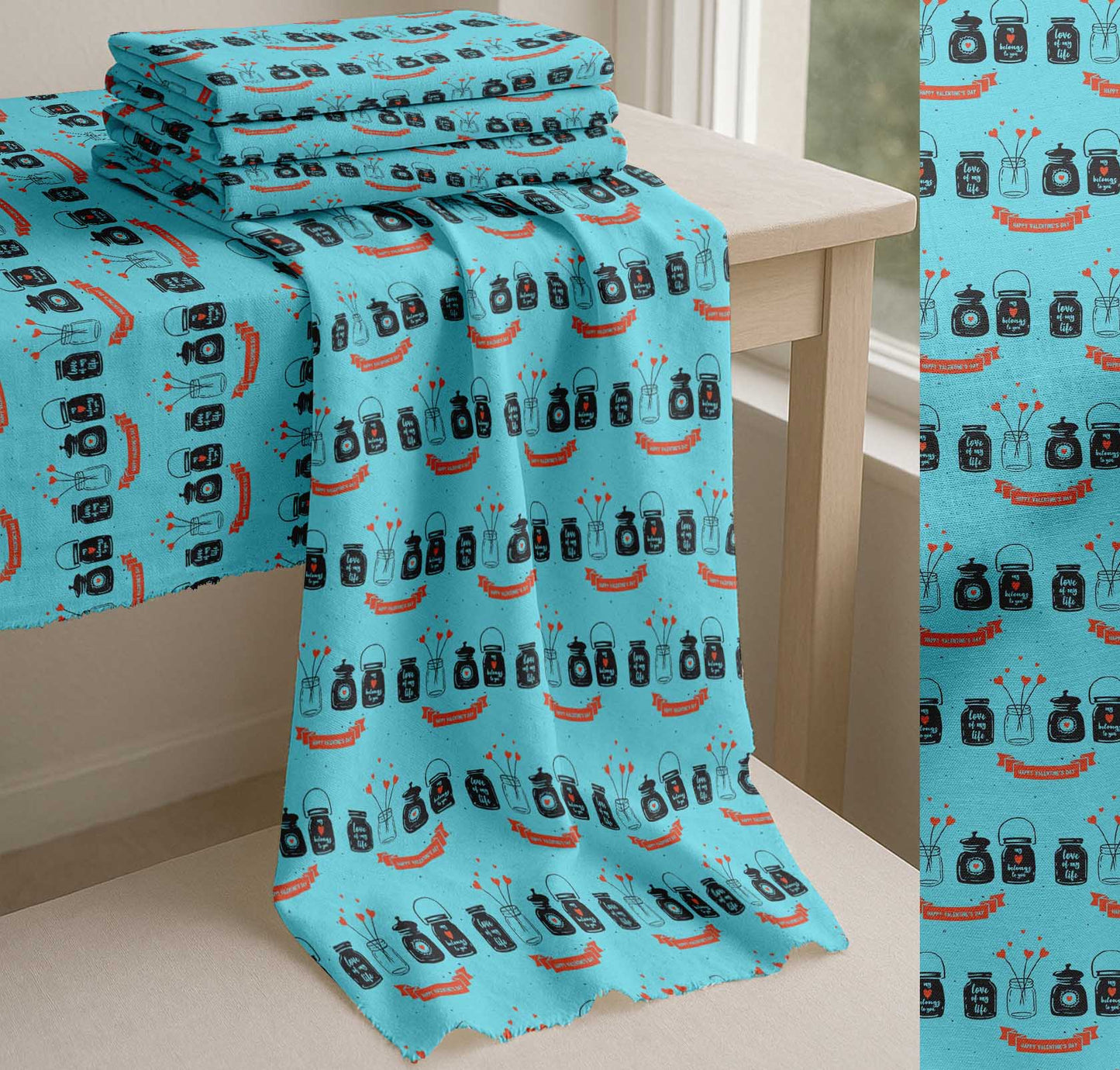 Soimoi Blue Cotton Fabric Jar & Happy Valentine Day Text Fabric Prints By yard