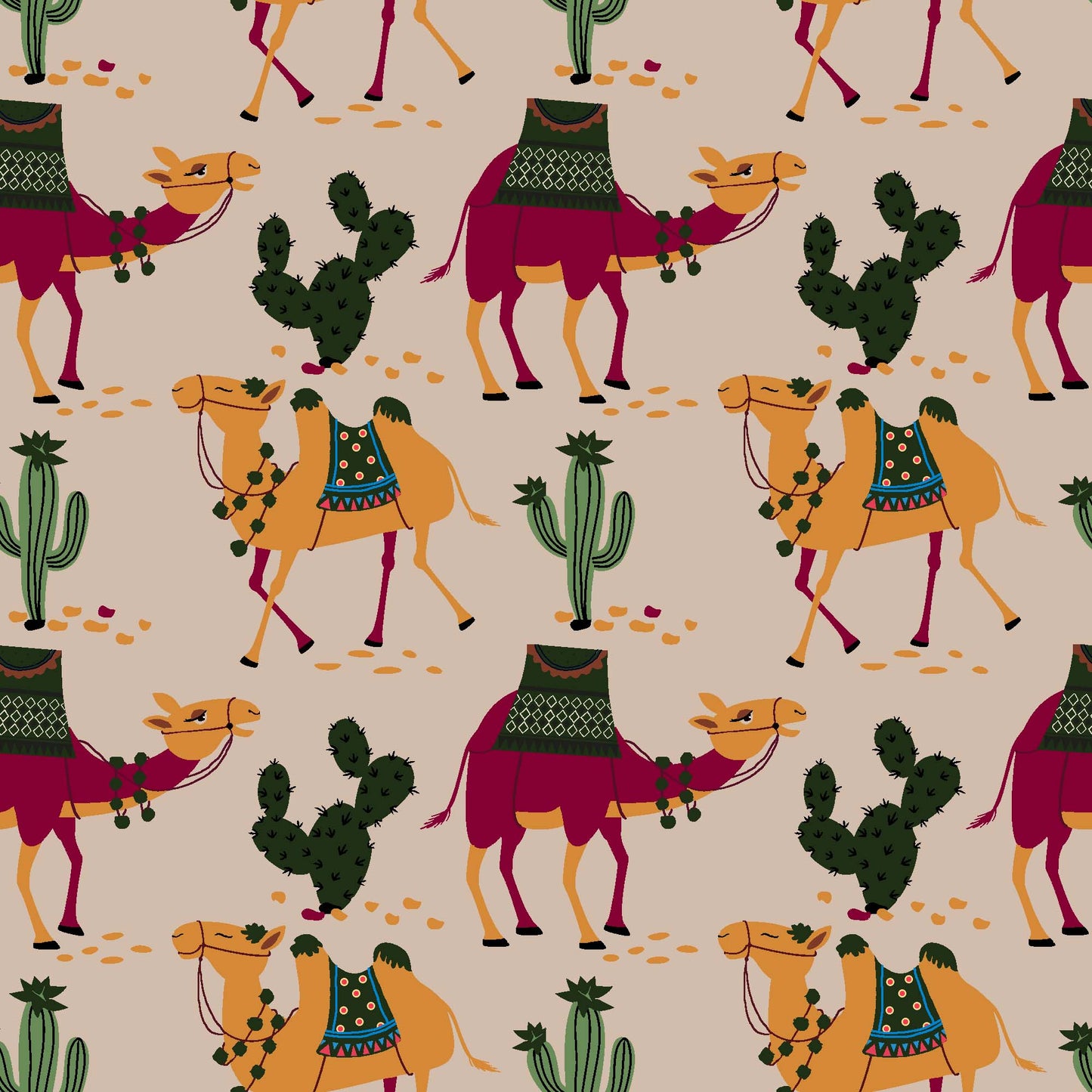 Stylized Desert Camel and Cactus Pattern - CC - 9794 - 3