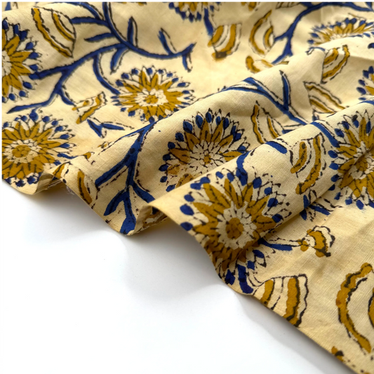 Blue & Mustard Floral Handblock Cotton Fabric – 44 Inches