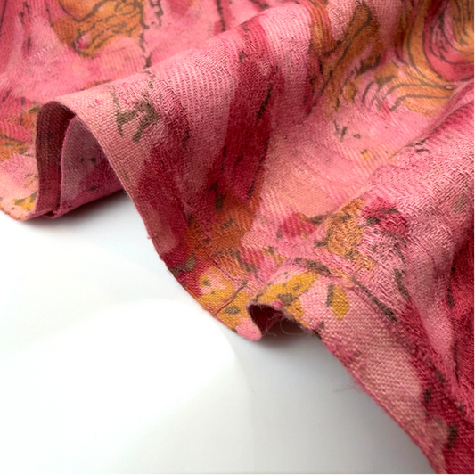 Pashmina Silk Feel Fabric with Handblocked Prints | Natural Fruit-Dyed Handblock Fabric for Sewing, Crafts & DIY - Pink Flowers
