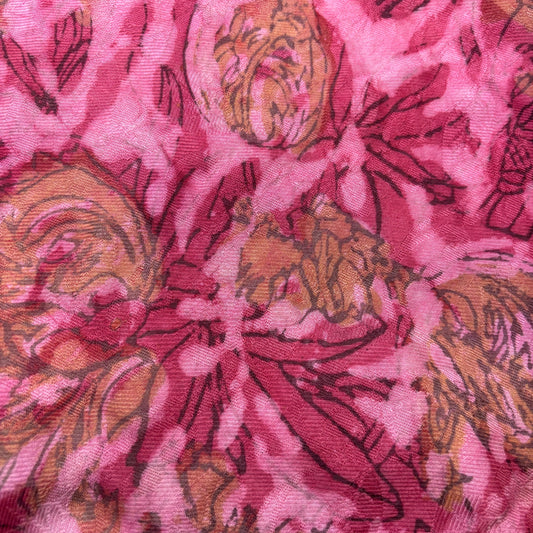 Pashmina Silk Feel Fabric with Handblocked Prints | Natural Fruit-Dyed Handblock Fabric for Sewing, Crafts & DIY - Pink Flowers