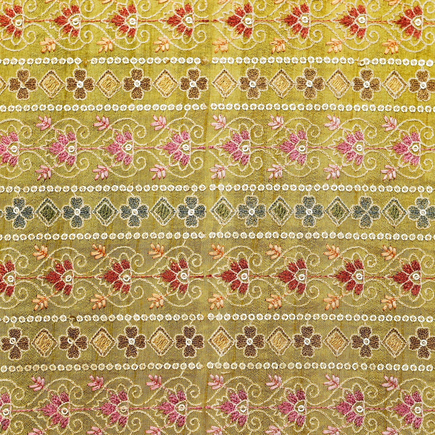 Vibrant Embroidered Fabric with Sequin Bands - 20 Meters