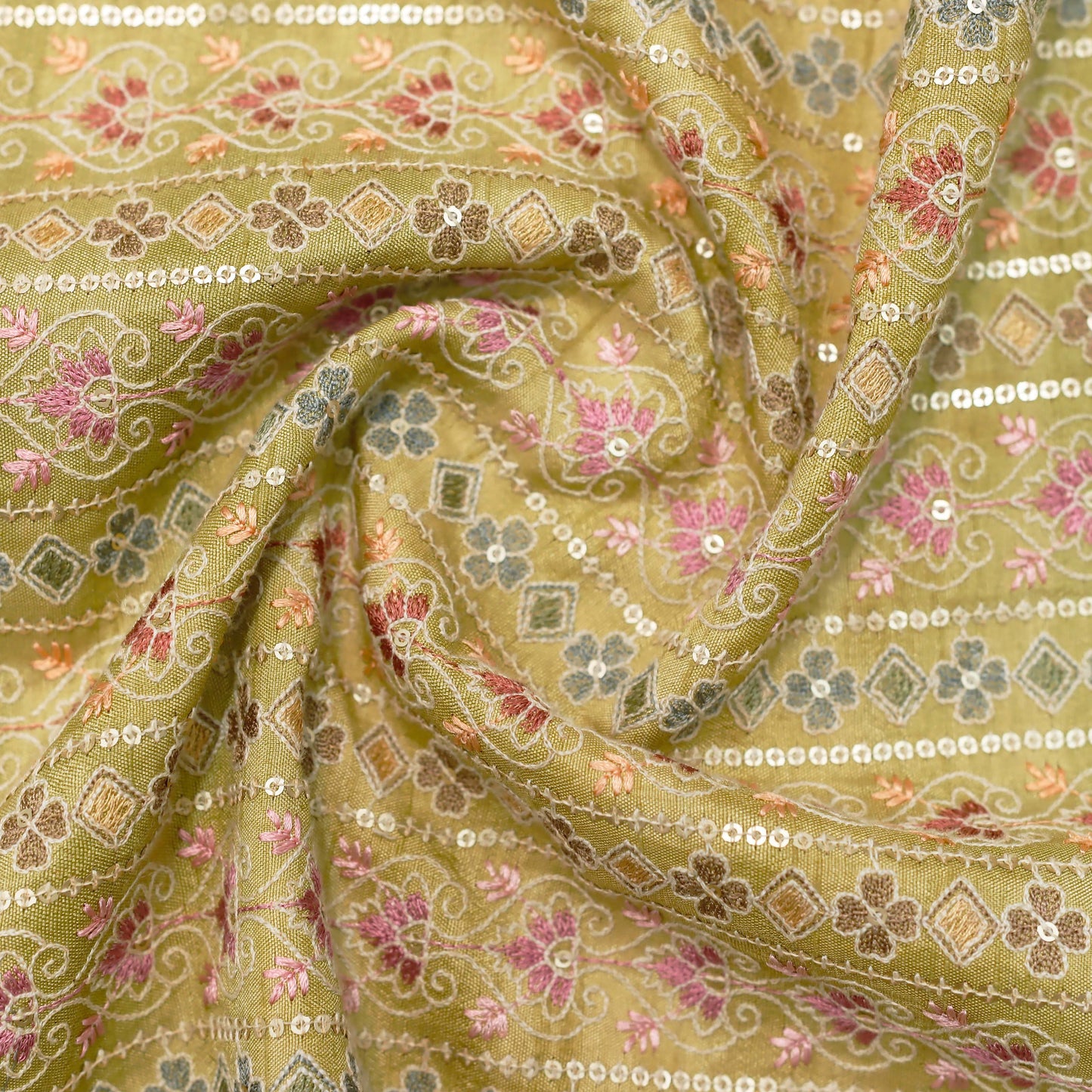 Vibrant Embroidered Fabric with Sequin Bands - 20 Meters