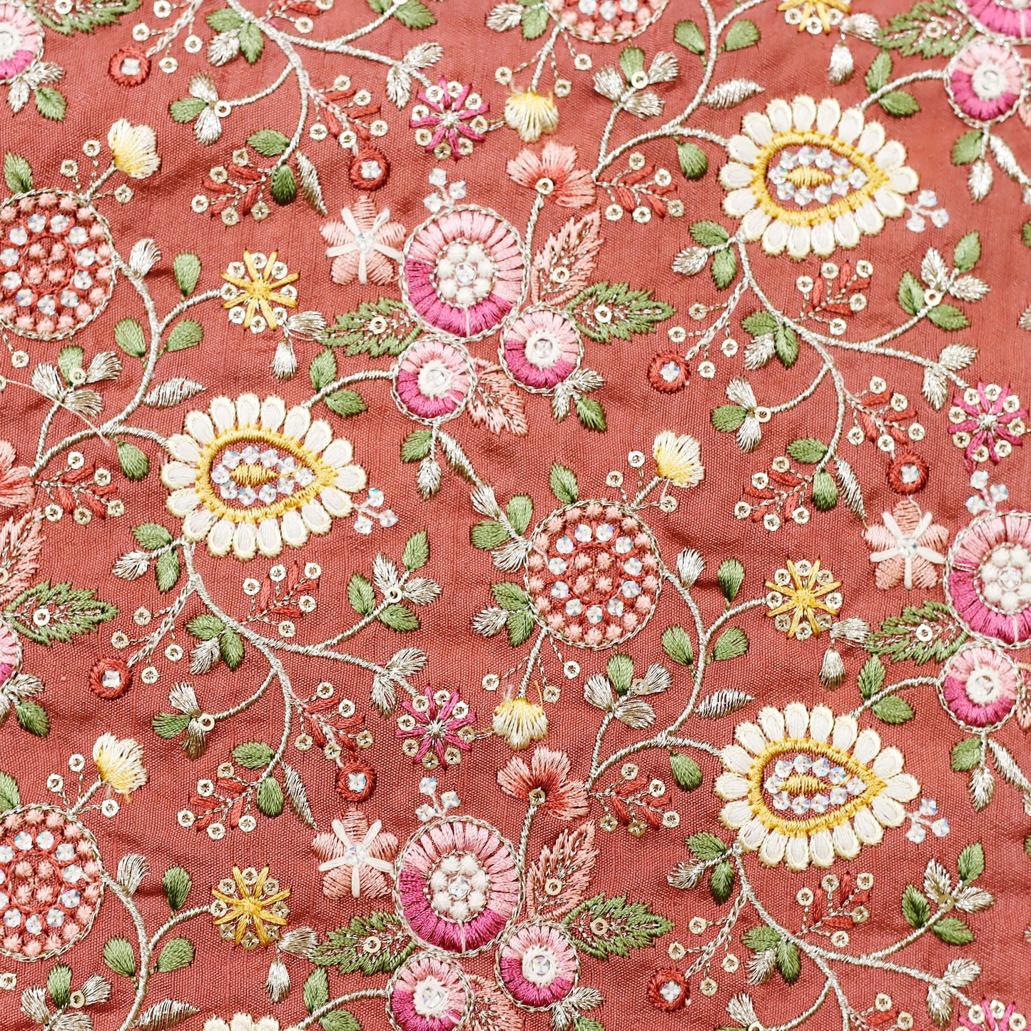 Multi-Color Floral Thread Embroidered Fabric - 20 Meters