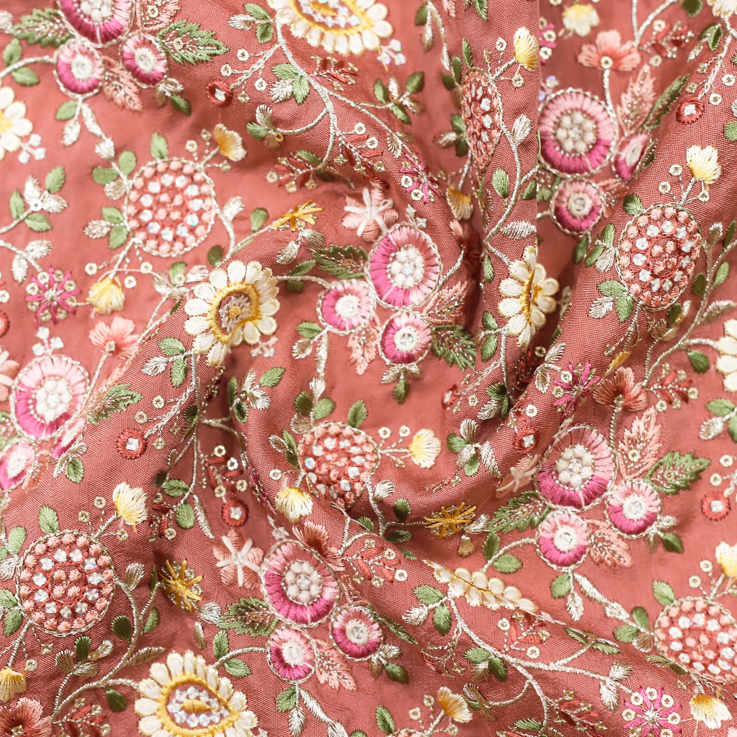 Multi-Color Floral Thread Embroidered Fabric - 20 Meters
