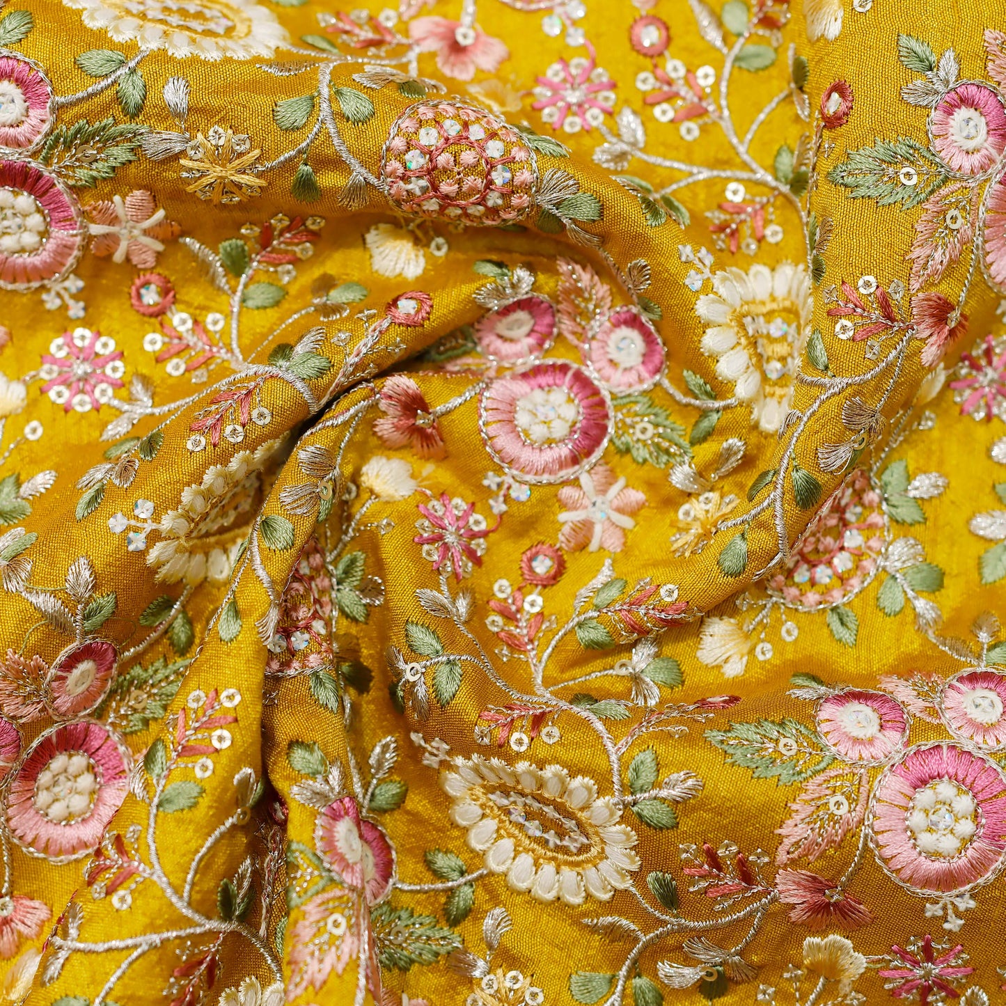 Multi-Color Floral Thread Embroidered Fabric - 20 Meters