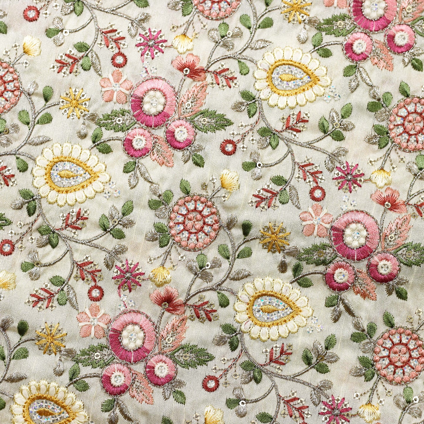 Multi-Color Floral Thread Embroidered Fabric - 20 Meters