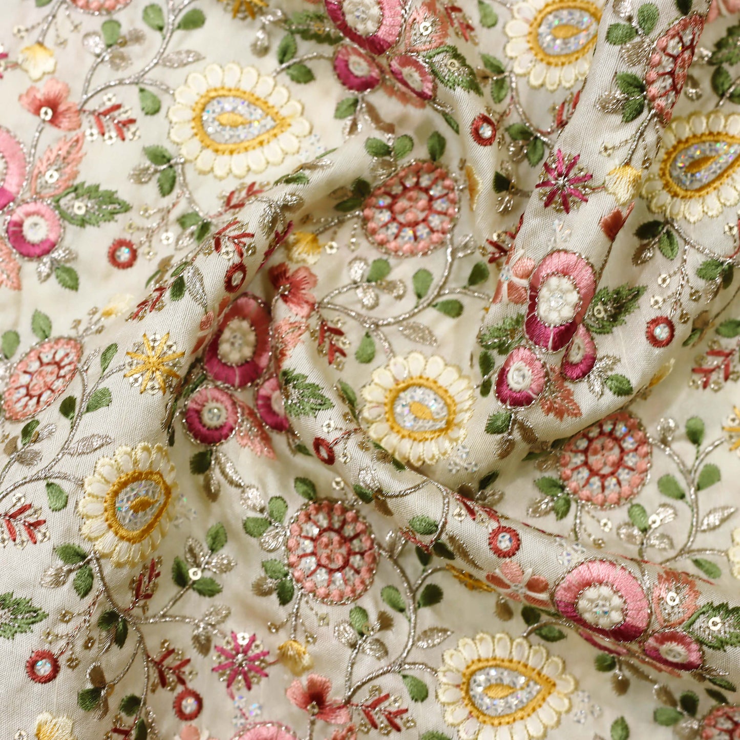 Multi-Color Floral Thread Embroidered Fabric - 20 Meters