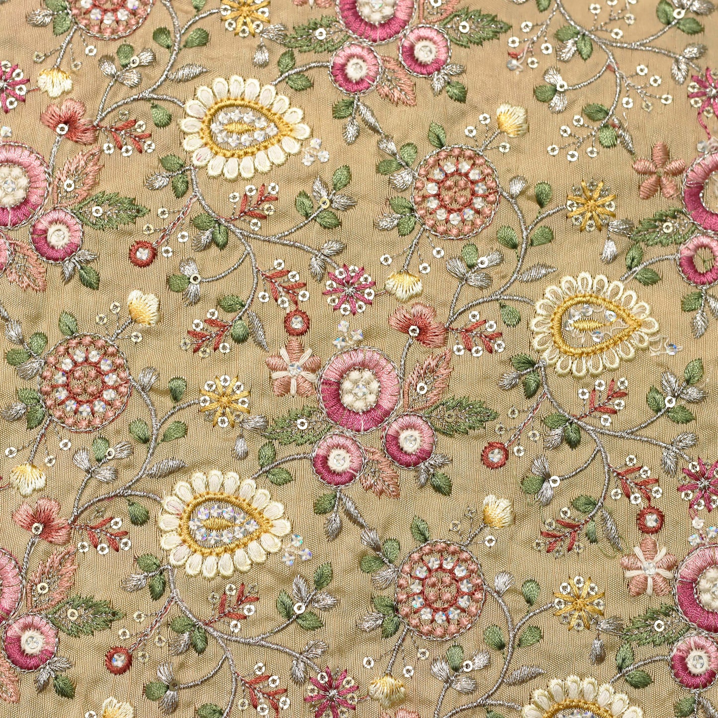 Multi-Color Floral Thread Embroidered Fabric - 20 Meters