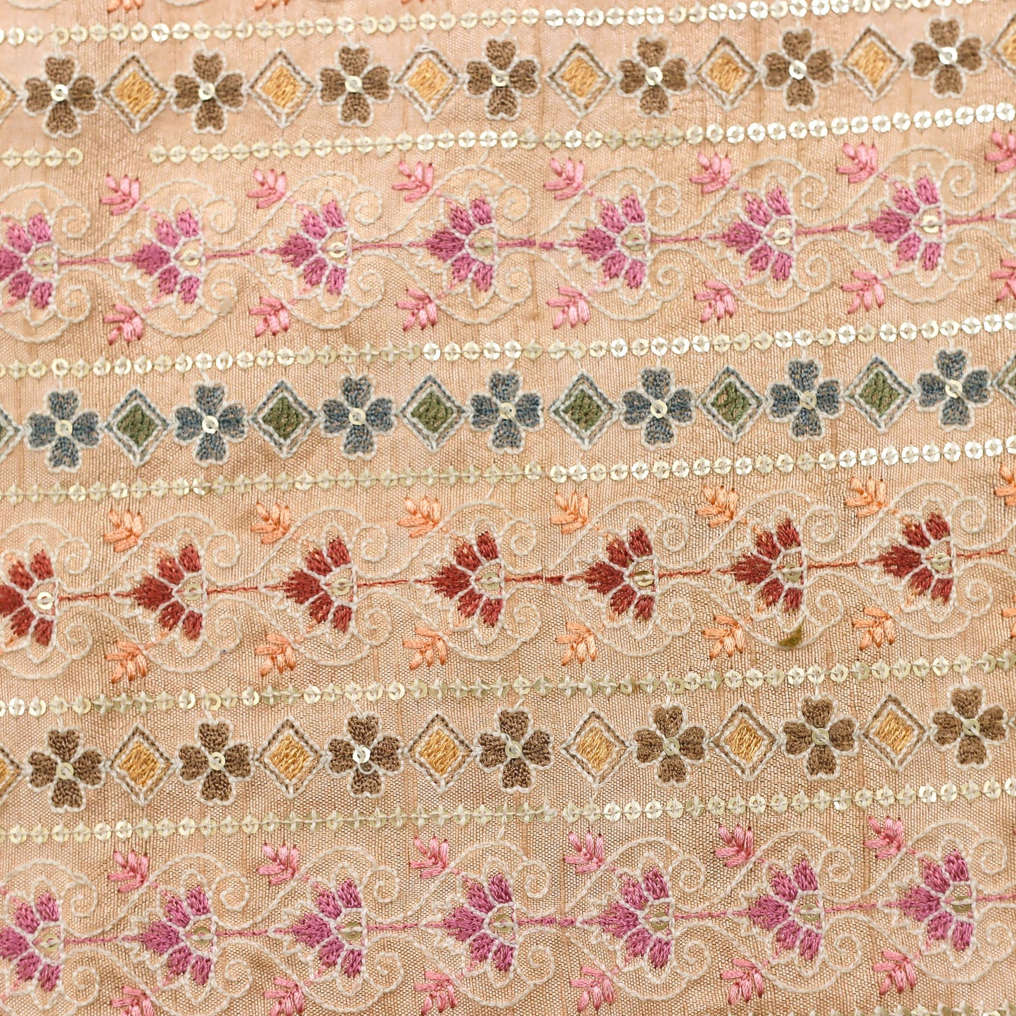 Vibrant Embroidered Fabric with Sequin Bands - 20 Meters