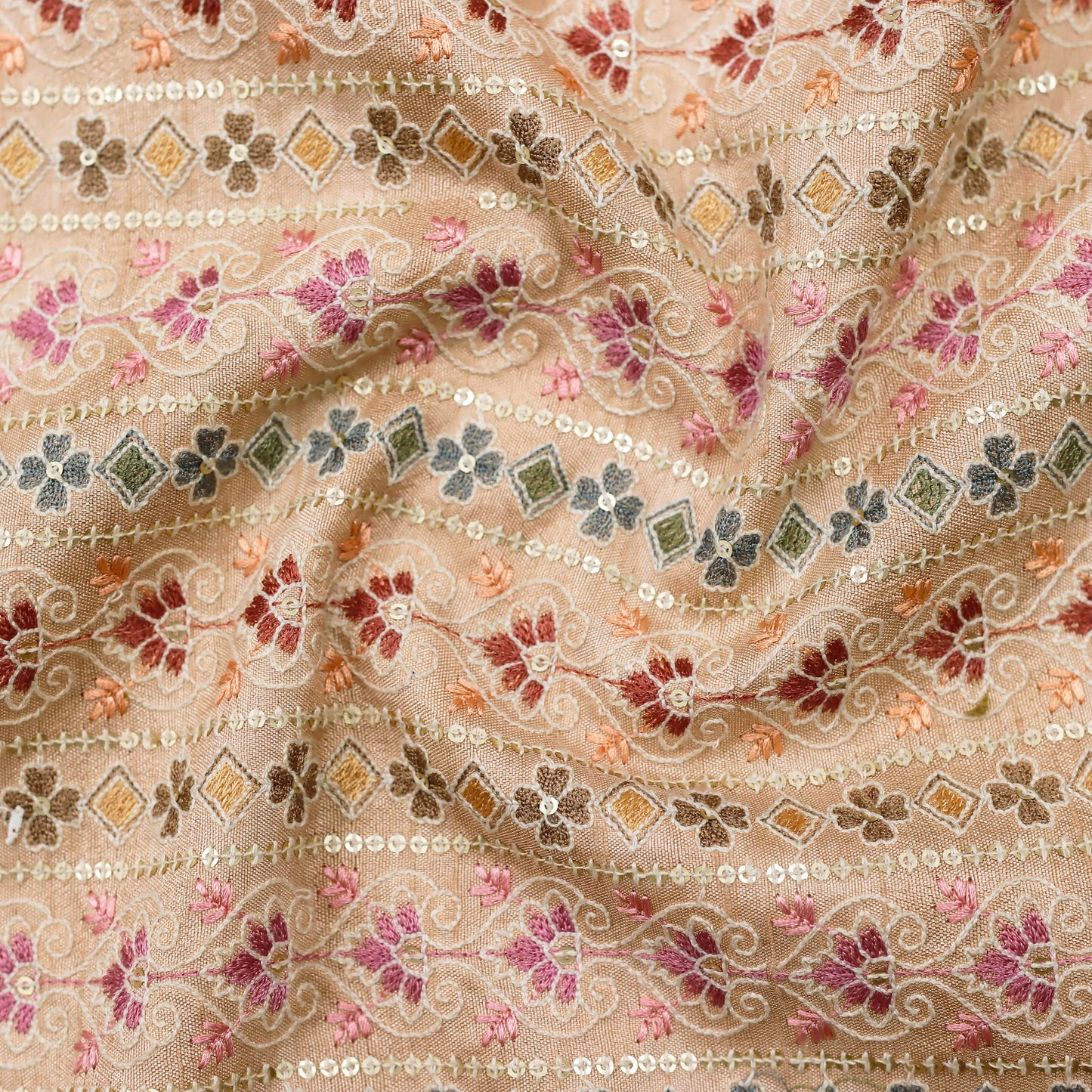 Vibrant Embroidered Fabric with Sequin Bands - 20 Meters