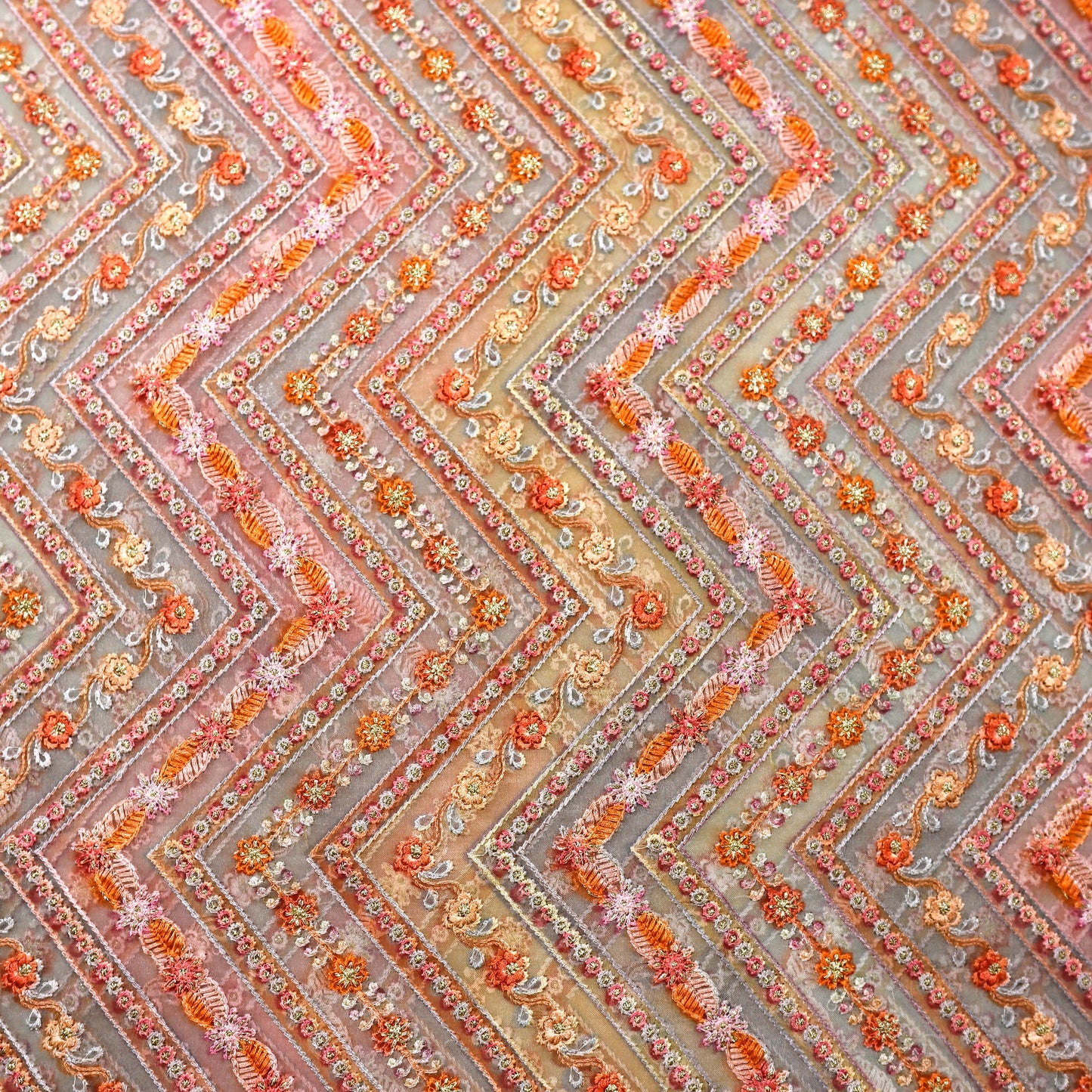 Geometric Floral Print + Embroidery on 100% Pure Organza – 44" x 10y Rolls