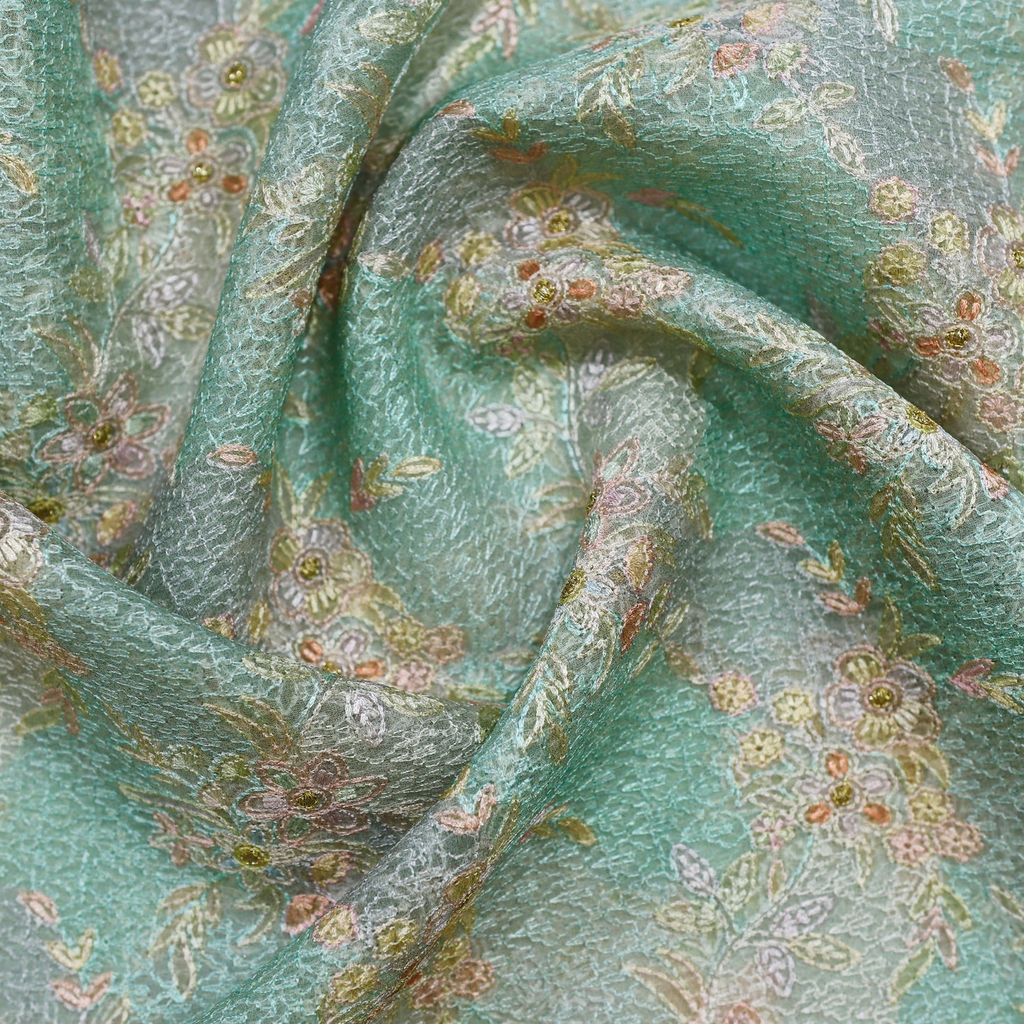 Floral Handwork-Feel Embroidery on 100% Silk Organza – 44" x 10y Rolls