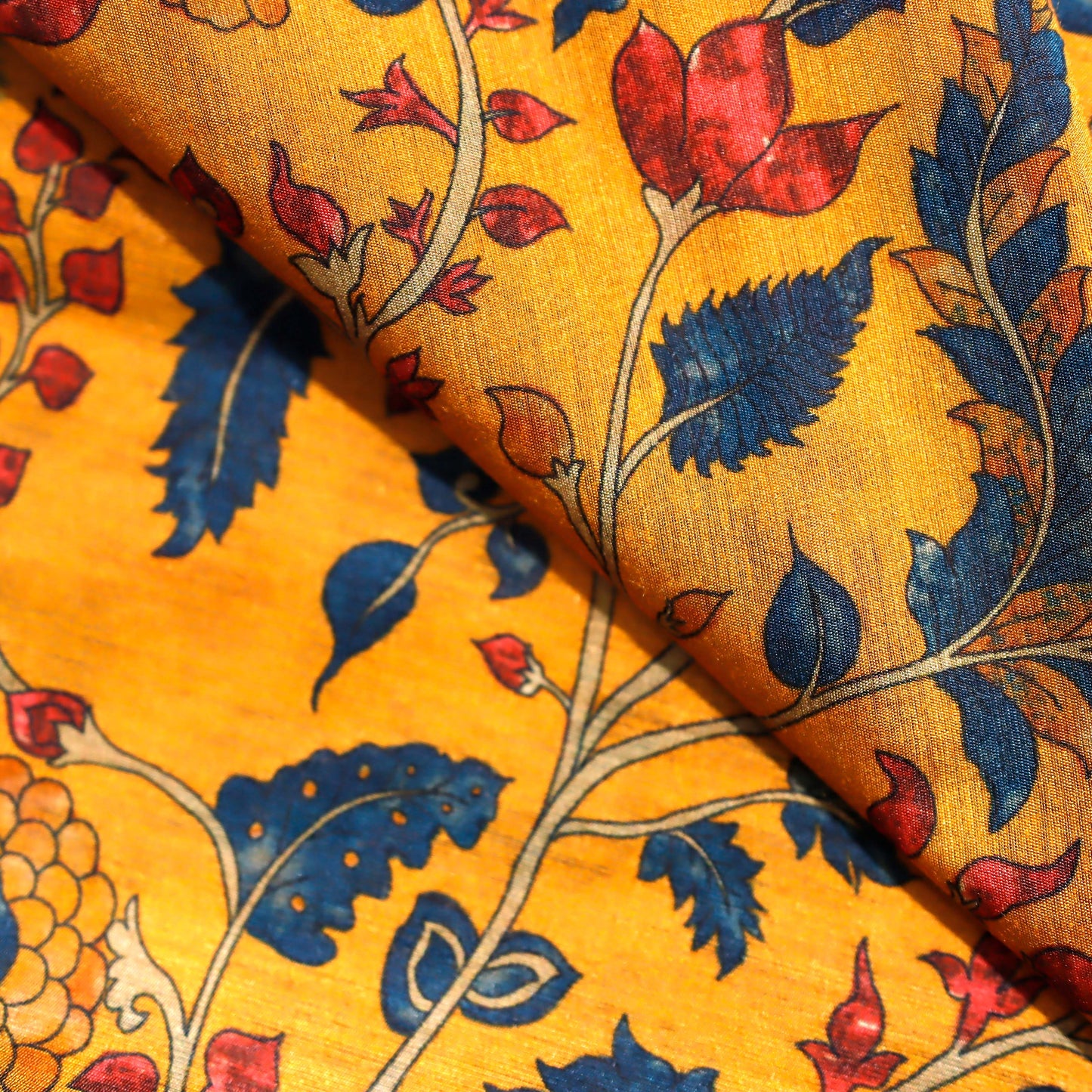 Mustard Yellow Floral Print on 100% Silk Tussah