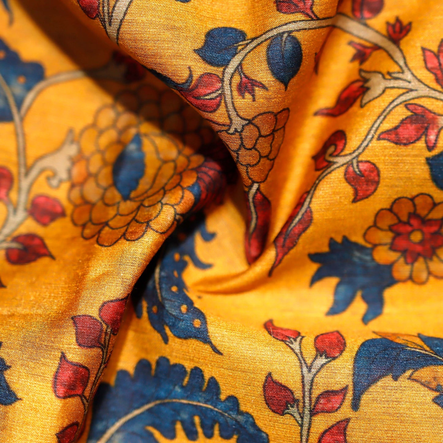 Mustard Yellow Floral Print on 100% Silk Tussah