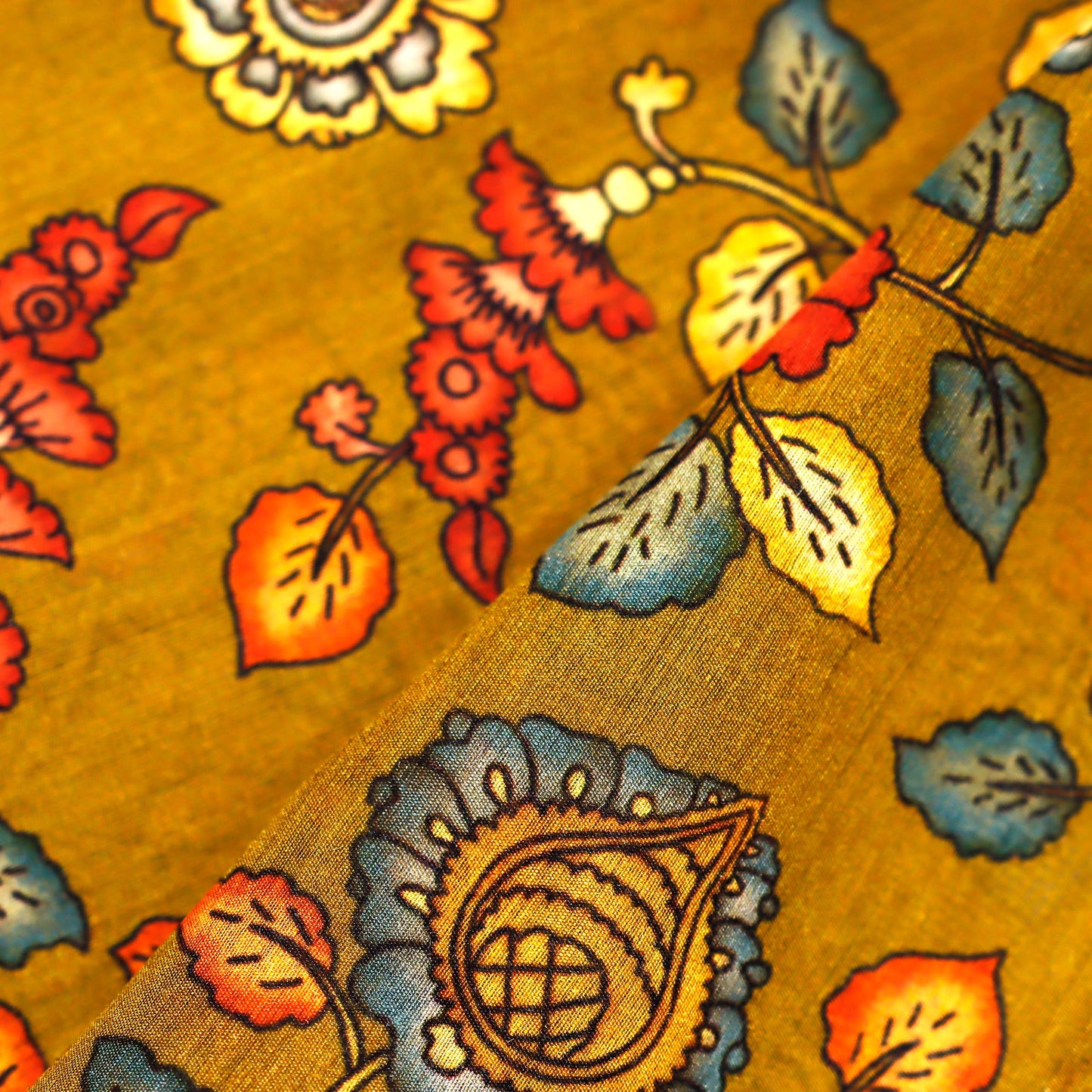 Mustard Floral Print on 100% Silk Tussah