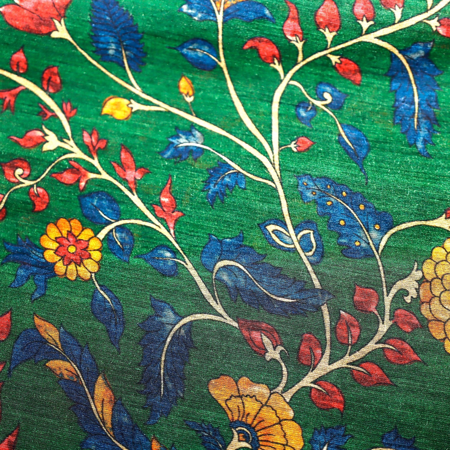 Peacock Green with Multicolor Floral Print on 100% Silk Tussah