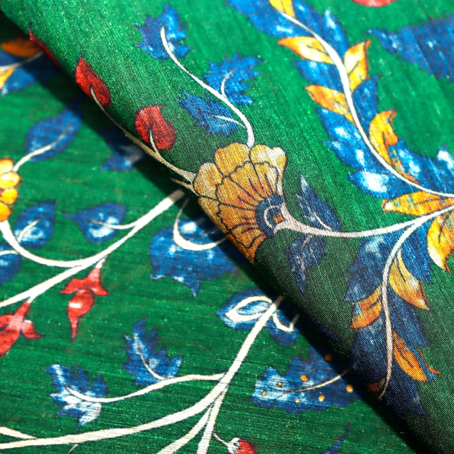 Peacock Green with Multicolor Floral Print on 100% Silk Tussah