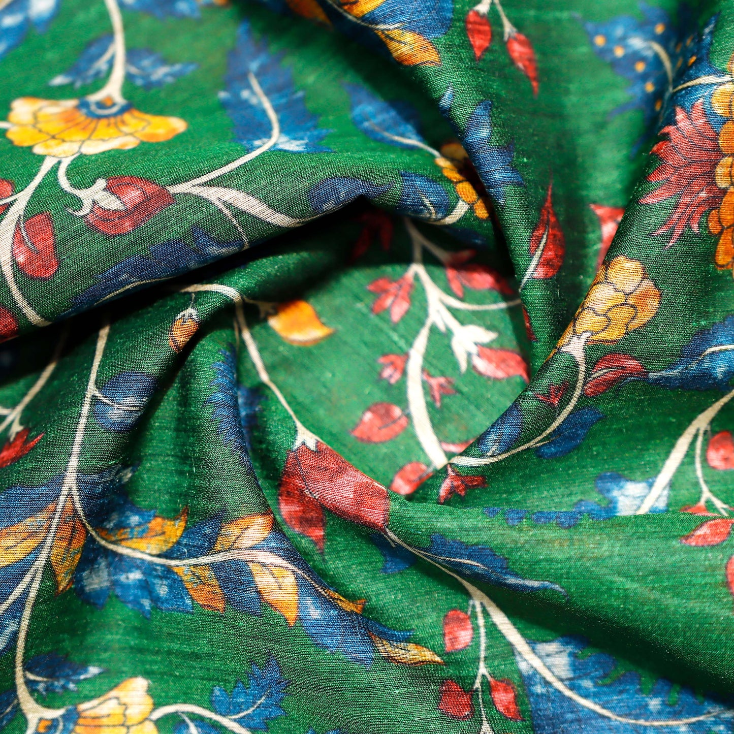 Peacock Green with Multicolor Floral Print on 100% Silk Tussah