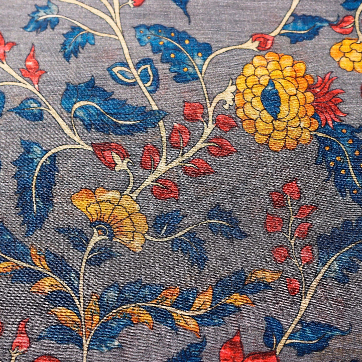 Grey Floral Print on 100% Silk Tussah