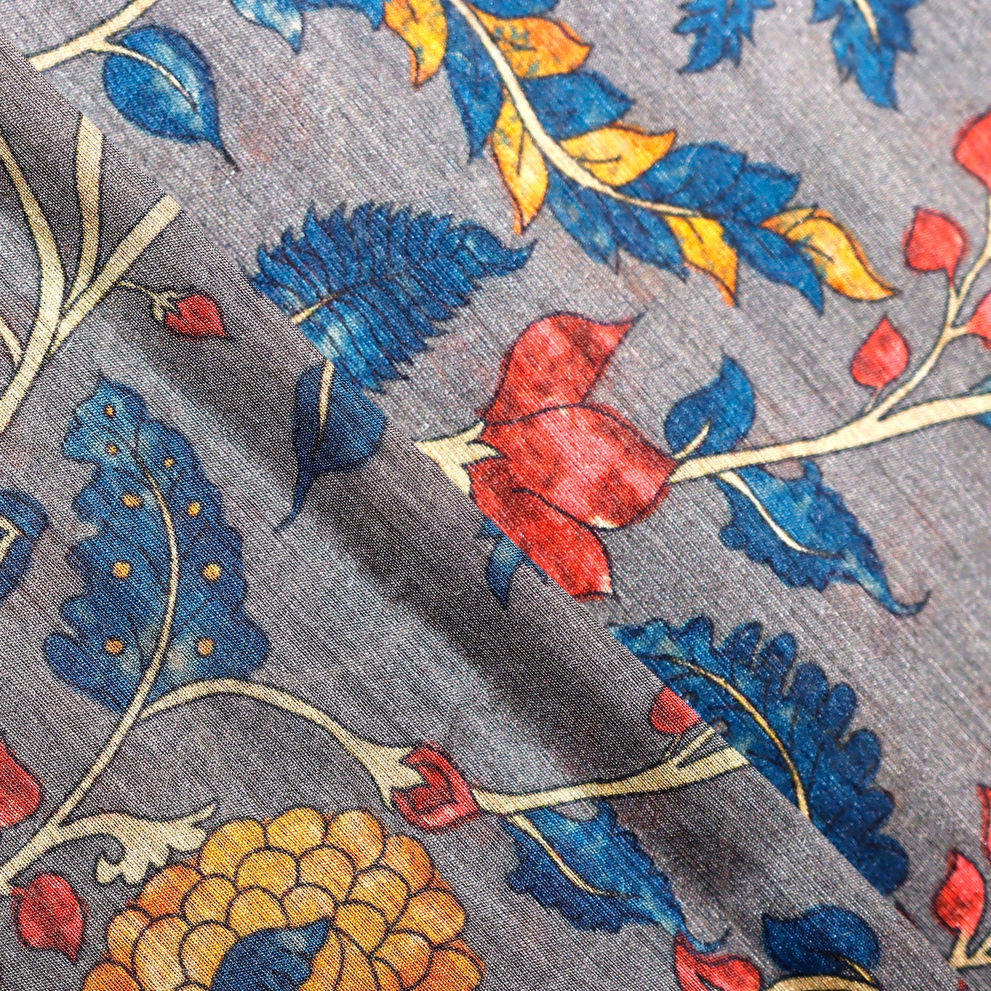 Grey Floral Print on 100% Silk Tussah
