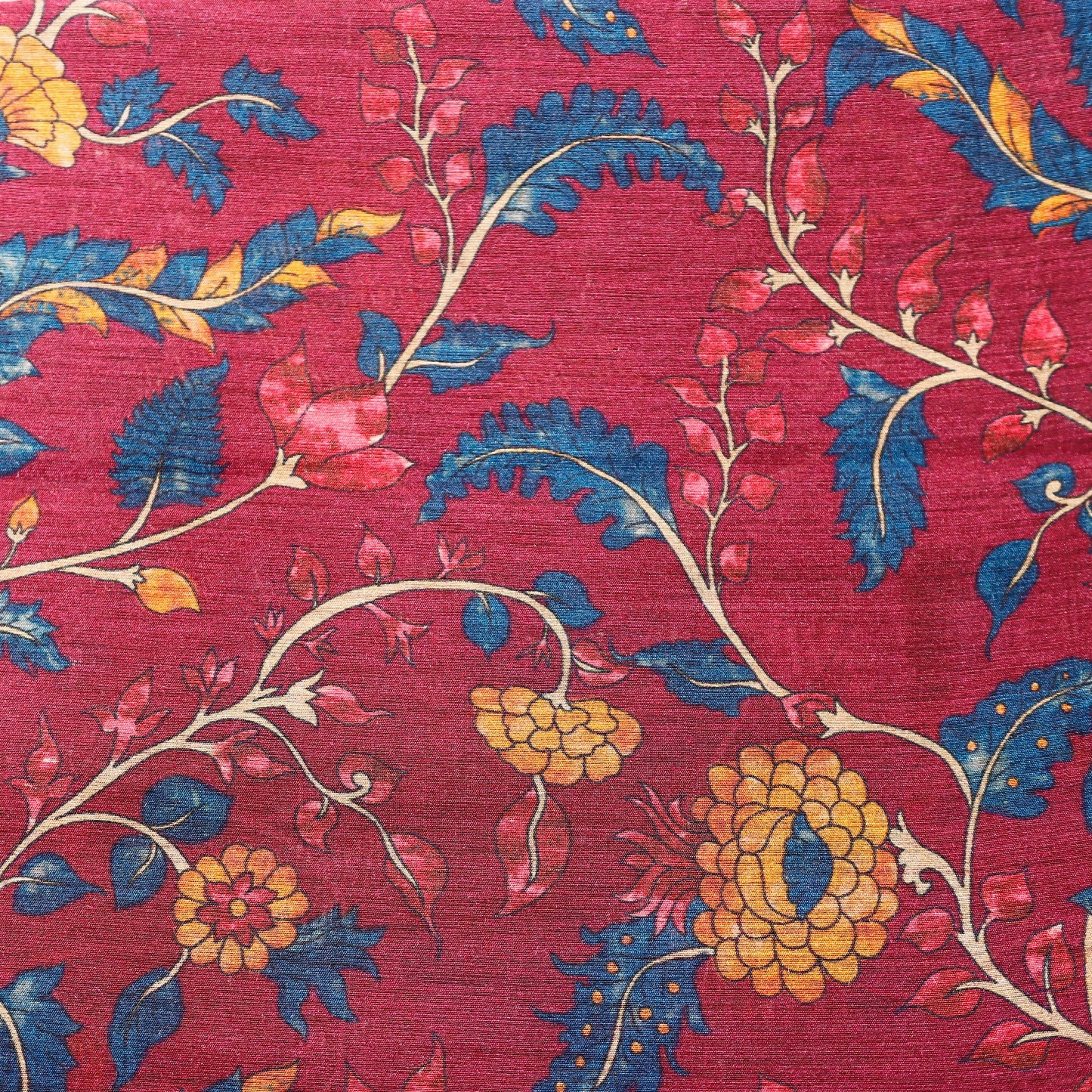 Red and Blue Floral Print on 100% Silk Tussah