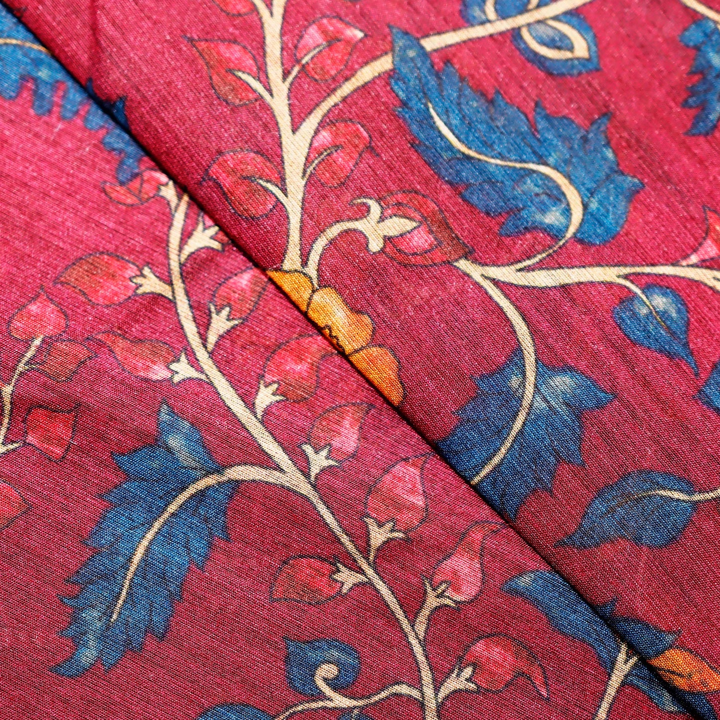 Red and Blue Floral Print on 100% Silk Tussah