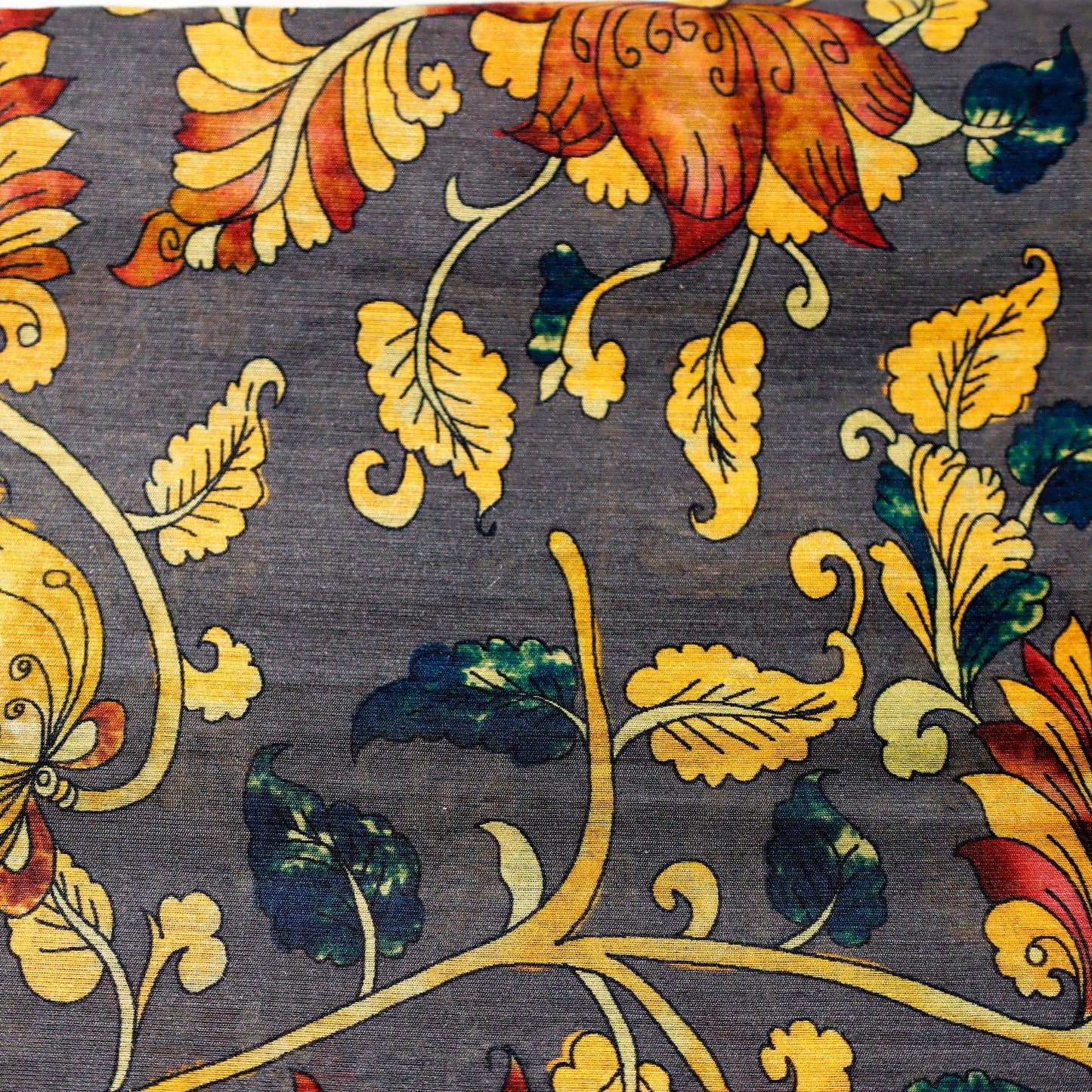 Grey & Mustard Floral Print On 100% Silk Tussah