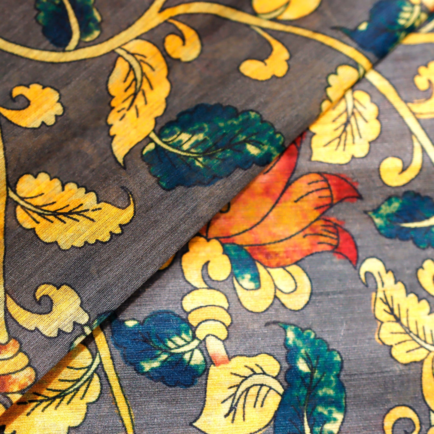 Grey & Mustard Floral Print On 100% Silk Tussah