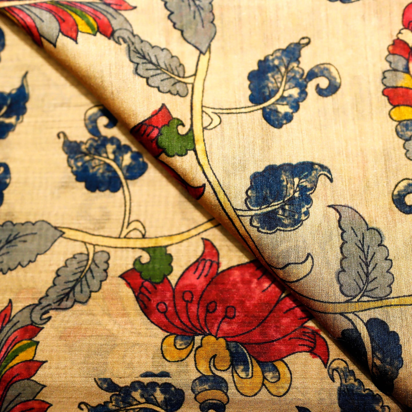 Beige Artistic Floral Pattern on 100% Silk Tussah
