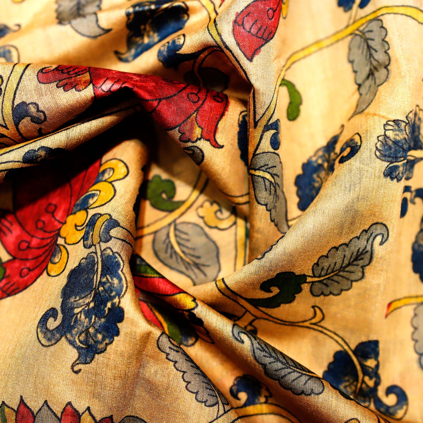 Beige Artistic Floral Pattern on 100% Silk Tussah