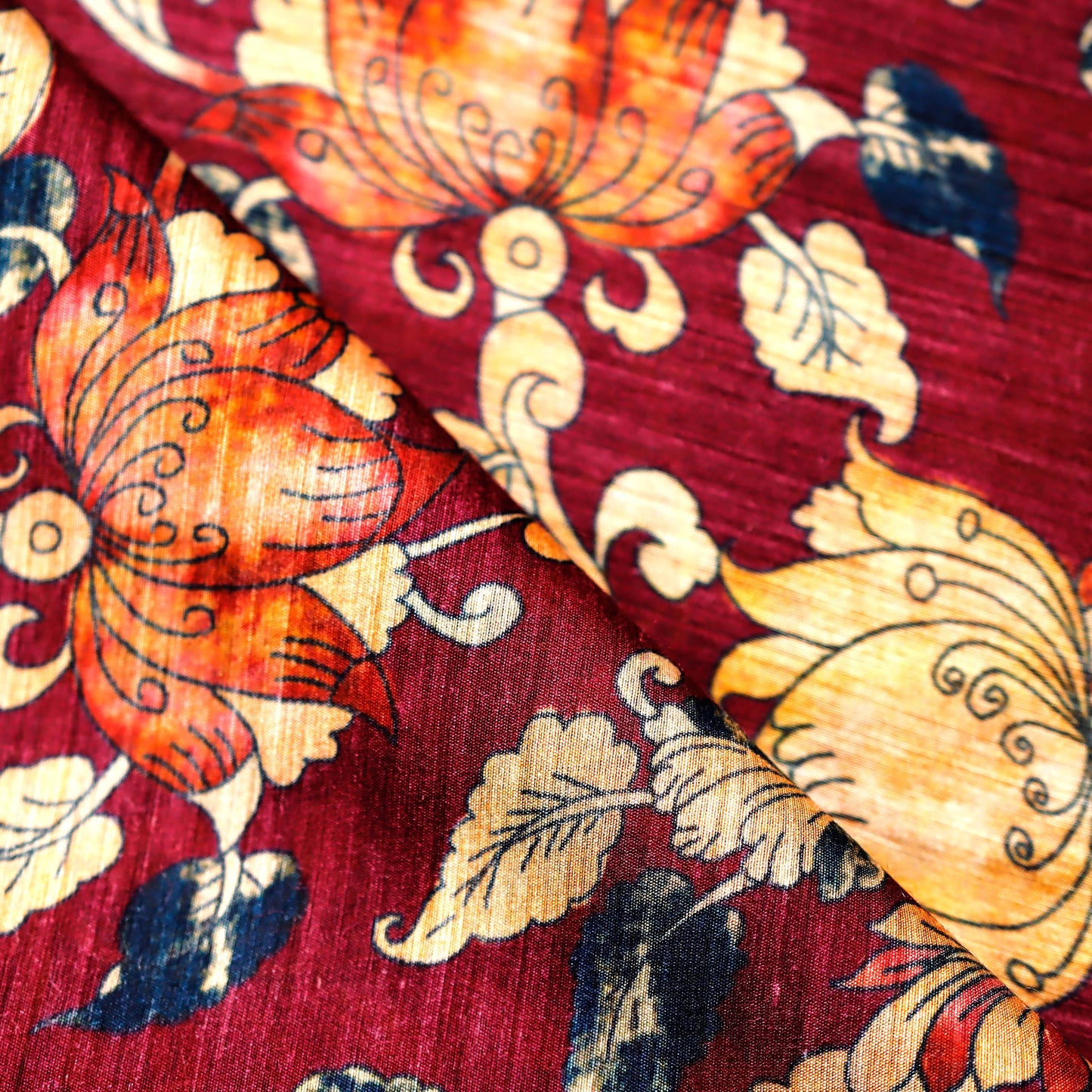 Maroon Artistic Floral Print Pattern on 100% Silk Tussah