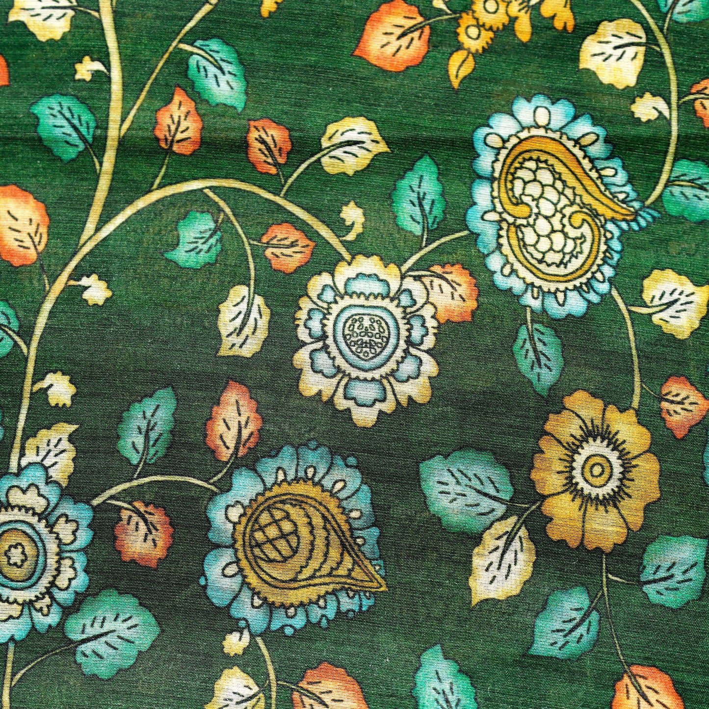 Green Floral Print Pattern On 100% Silk Tussah