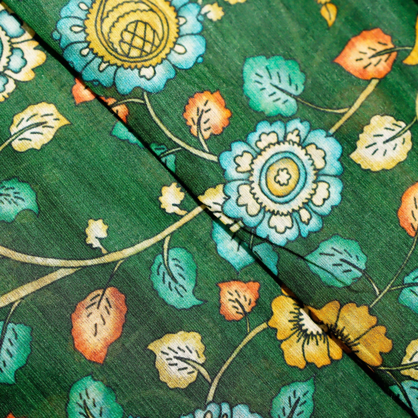 Green Floral Print Pattern On 100% Silk Tussah