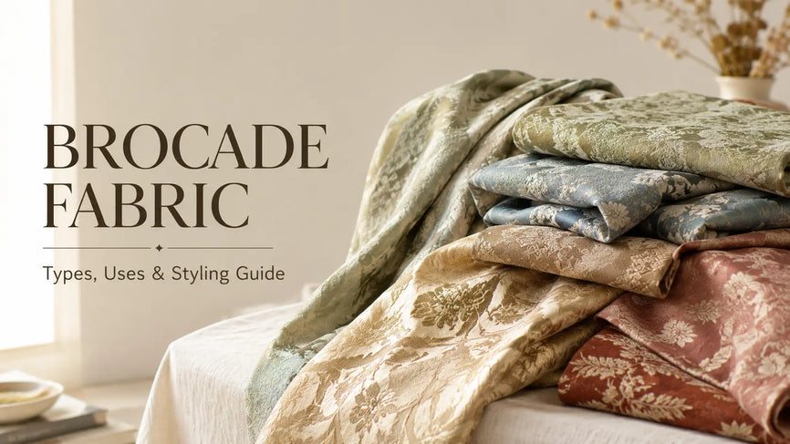 Beautifully draped brocade fabrics in muted earthy tones showcasing intricate woven floral and geometric patterns with raised texture on a neutral linen background.
