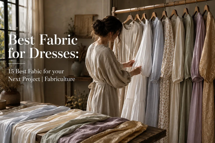 Best fabric for dresses featuring linen, cotton, silk and natural fabric dresses displayed in a premium fashion editorial studio | Fabriculture