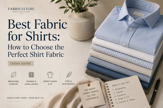 Editorial featured image showing neatly folded premium shirts in different fabrics, illustrating the best fabrics for shirts including cotton, linen, silk, and hand block cotton.