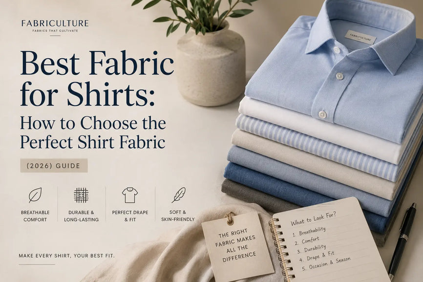 Editorial featured image showing neatly folded premium shirts in different fabrics, illustrating the best fabrics for shirts including cotton, linen, silk, and hand block cotton.