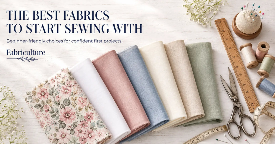 Seven beginner-friendly fabric swatches, including quilting cotton, cotton poplin, cotton lawn, chambray, cotton voile, linen-cotton blend, and washed linen, are arranged with sewing tools on a white wooden surface.