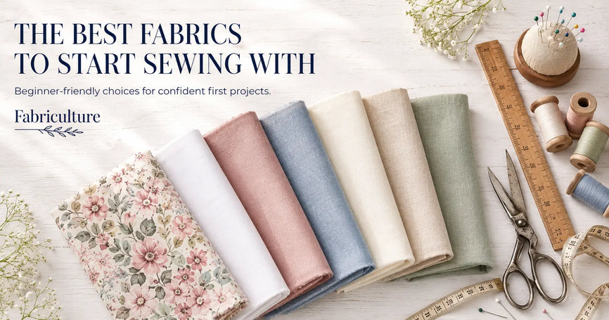 Seven beginner-friendly fabric swatches, including quilting cotton, cotton poplin, cotton lawn, chambray, cotton voile, linen-cotton blend, and washed linen, are arranged with sewing tools on a white wooden surface.